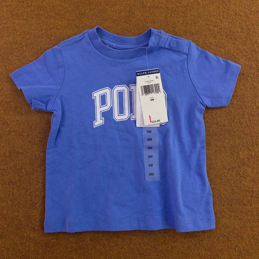 Ralph Lauren Baby 9M Blue Graphic Logo Snap Shoulder Cotton T-Shirt NWT *Flaw